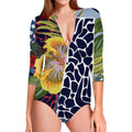 Exotic Patchwork Pattern Print Long Sleeve Swimsuit