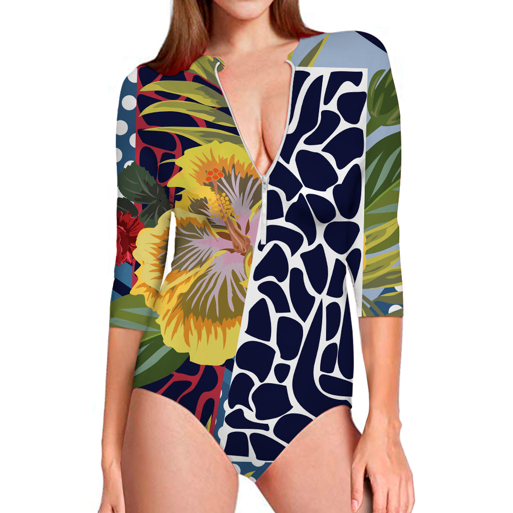 Exotic Patchwork Pattern Print Long Sleeve Swimsuit