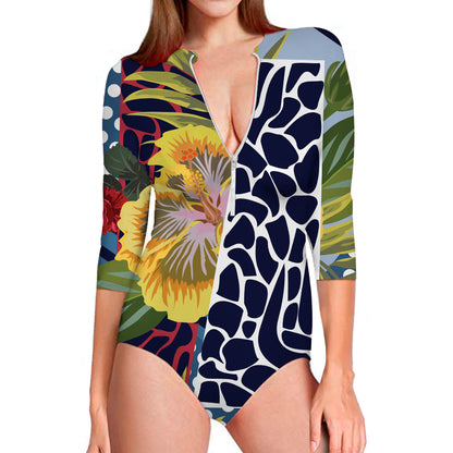 Exotic Patchwork Pattern Print Long Sleeve Swimsuit