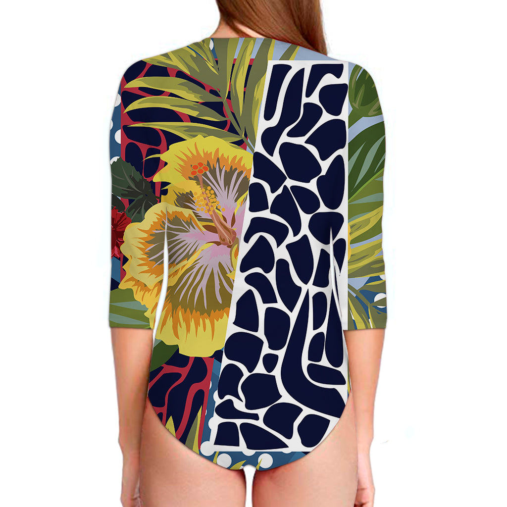 Exotic Patchwork Pattern Print Long Sleeve Swimsuit