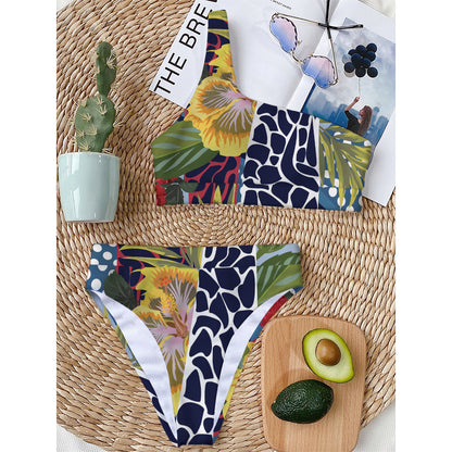 Exotic Patchwork Pattern Print One Shoulder Bikini Top