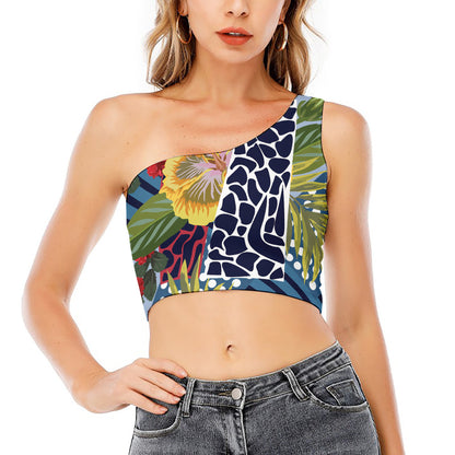 Exotic Patchwork Pattern Print One Shoulder Crop Top