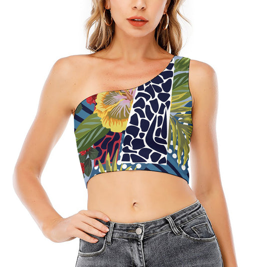 Exotic Patchwork Pattern Print One Shoulder Crop Top