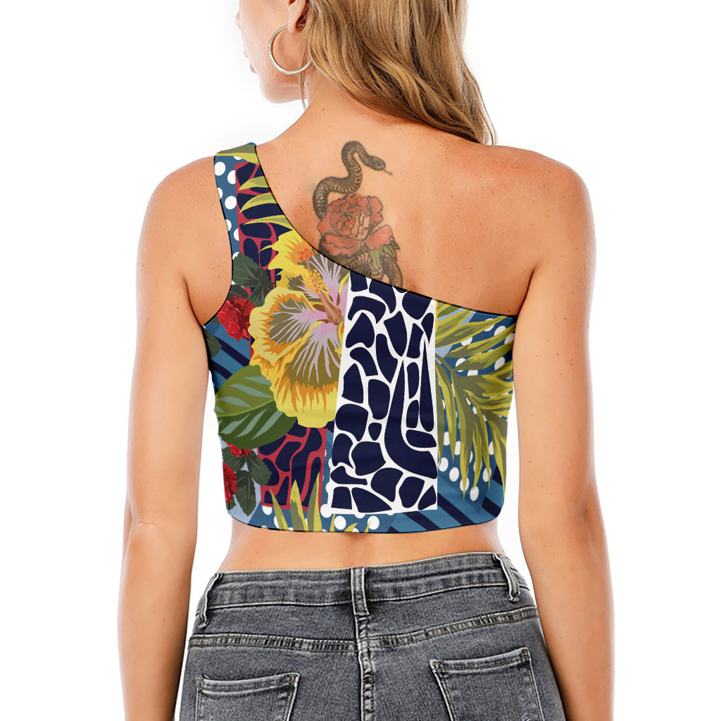 Exotic Patchwork Pattern Print One Shoulder Crop Top