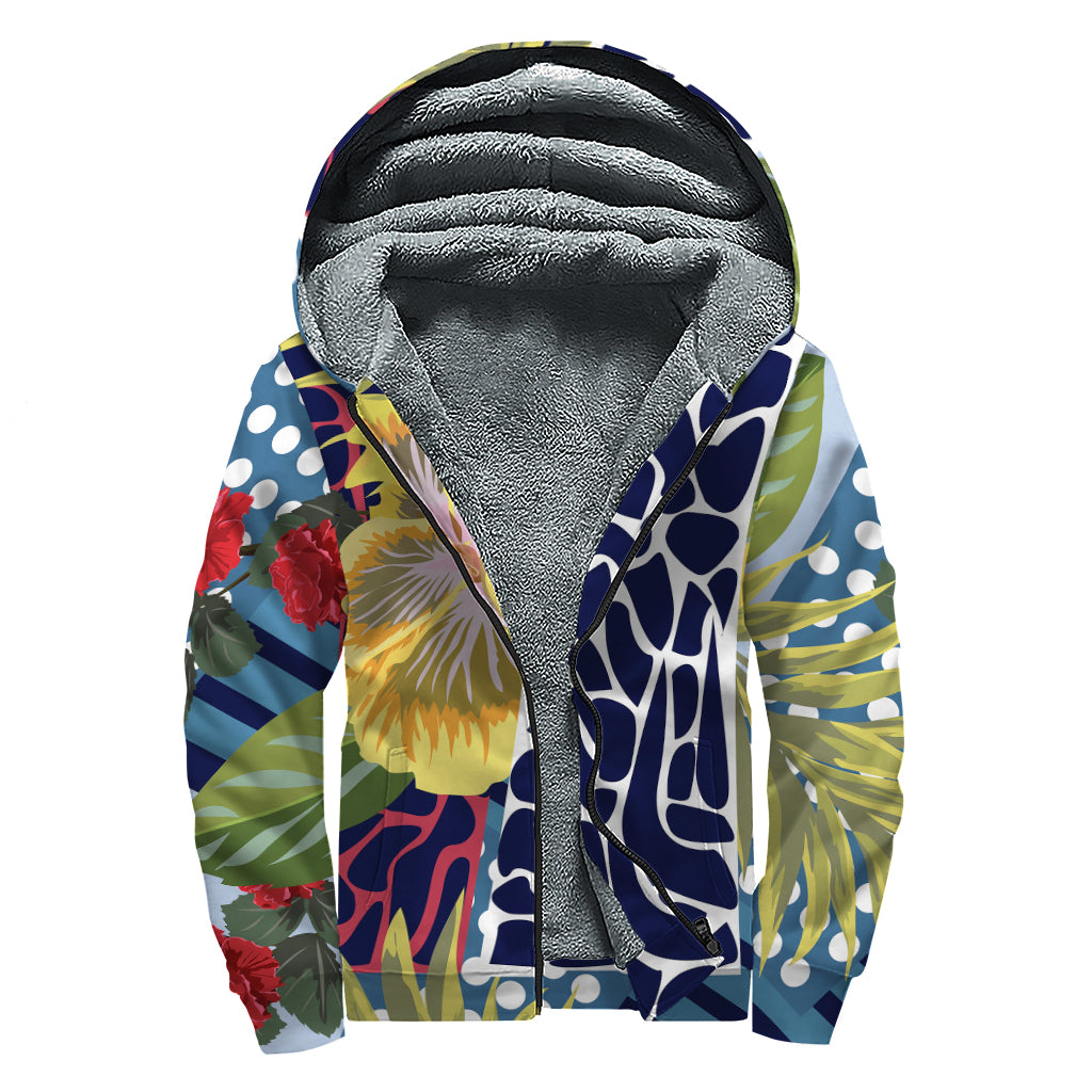 Exotic Patchwork Pattern Print Sherpa Lined Zip Up Hoodie