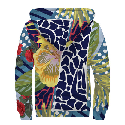 Exotic Patchwork Pattern Print Sherpa Lined Zip Up Hoodie