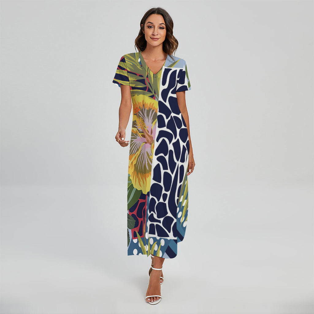 Exotic Patchwork Pattern Print Short Sleeve Maxi Dress