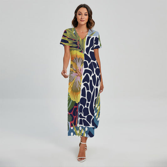 Exotic Patchwork Pattern Print Short Sleeve Maxi Dress