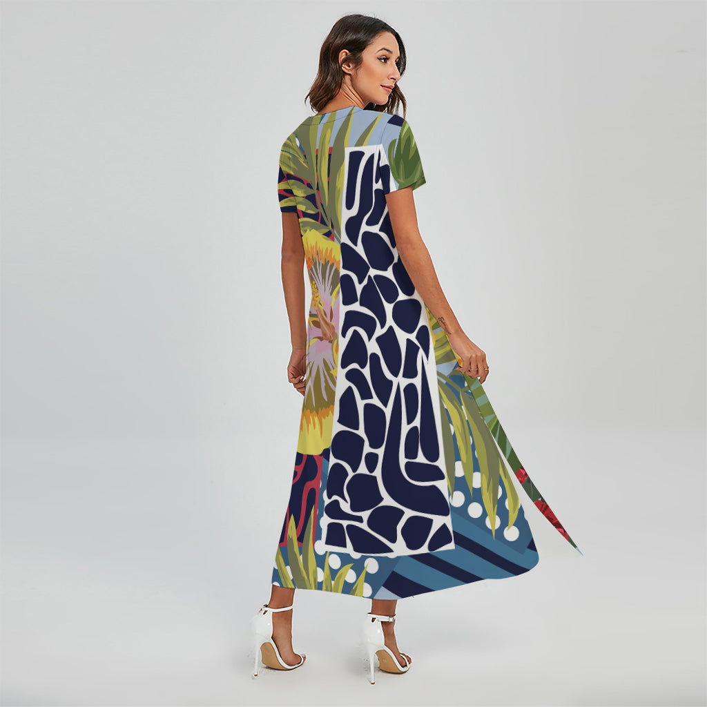 Exotic Patchwork Pattern Print Short Sleeve Maxi Dress