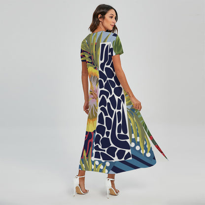 Exotic Patchwork Pattern Print Short Sleeve Maxi Dress