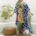 Exotic Patchwork Pattern Print Silk V-Neck Kaftan Dress