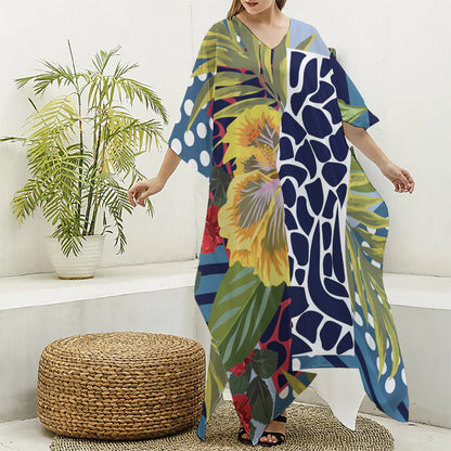 Exotic Patchwork Pattern Print Silk V-Neck Kaftan Dress