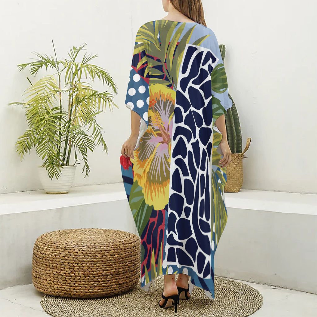 Exotic Patchwork Pattern Print Silk V-Neck Kaftan Dress