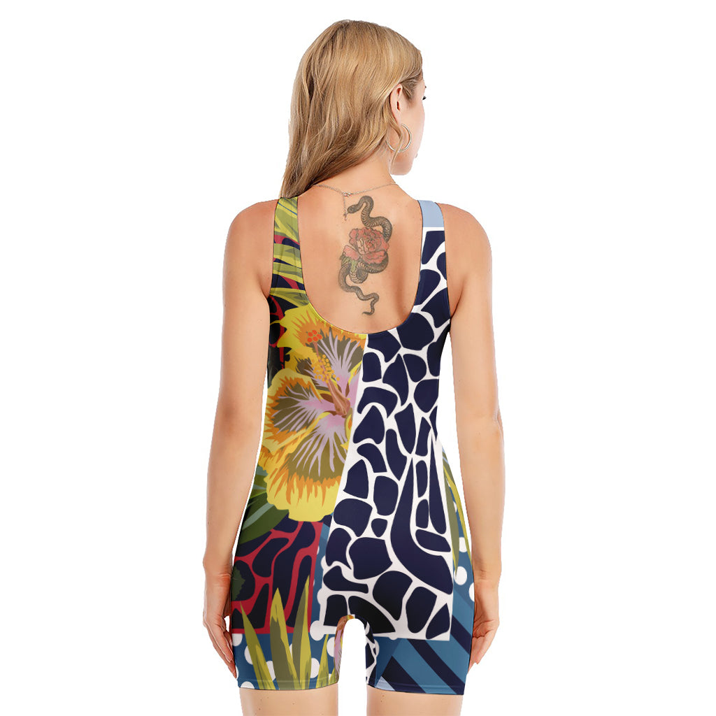 Exotic Patchwork Pattern Print Sleeveless One Piece Swimsuit