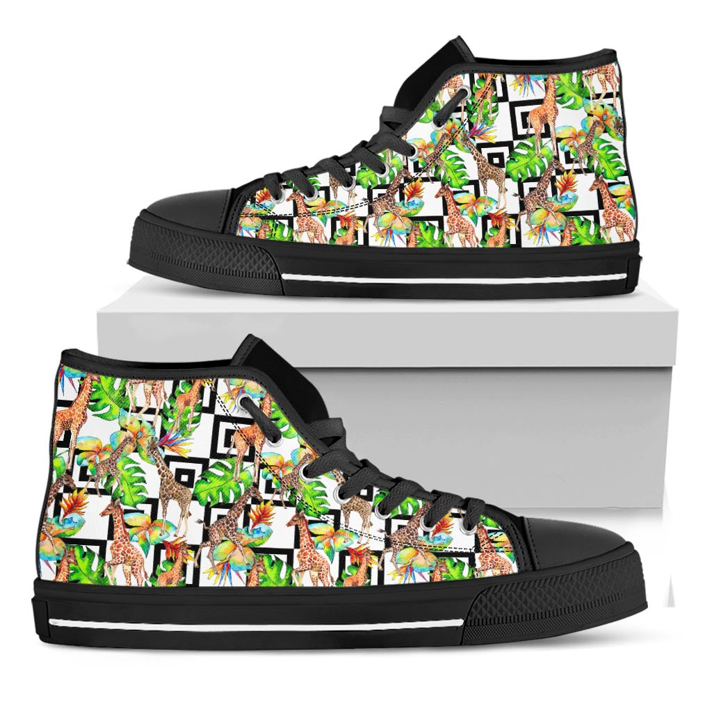 Exotic Tropical Giraffe Pattern Print Black High Top Sneakers