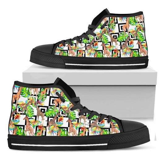 Exotic Tropical Giraffe Pattern Print Black High Top Sneakers