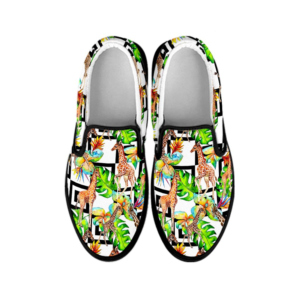 Exotic Tropical Giraffe Pattern Print Black Slip On Sneakers