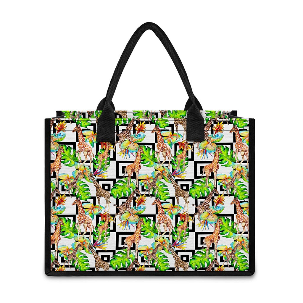 Exotic Tropical Giraffe Pattern Print Canvas Tote Bag