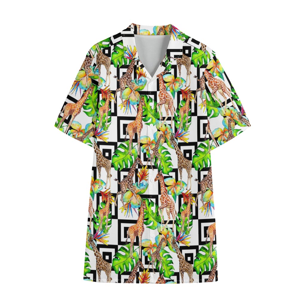 Exotic Tropical Giraffe Pattern Print Cotton Hawaiian Shirt