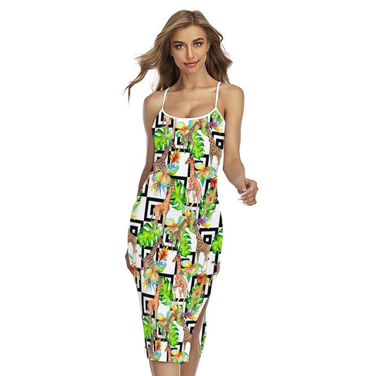 Exotic Tropical Giraffe Pattern Print Cross Back Cami Dress