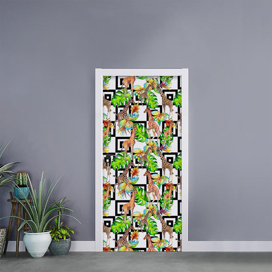 Exotic Tropical Giraffe Pattern Print Door Sticker