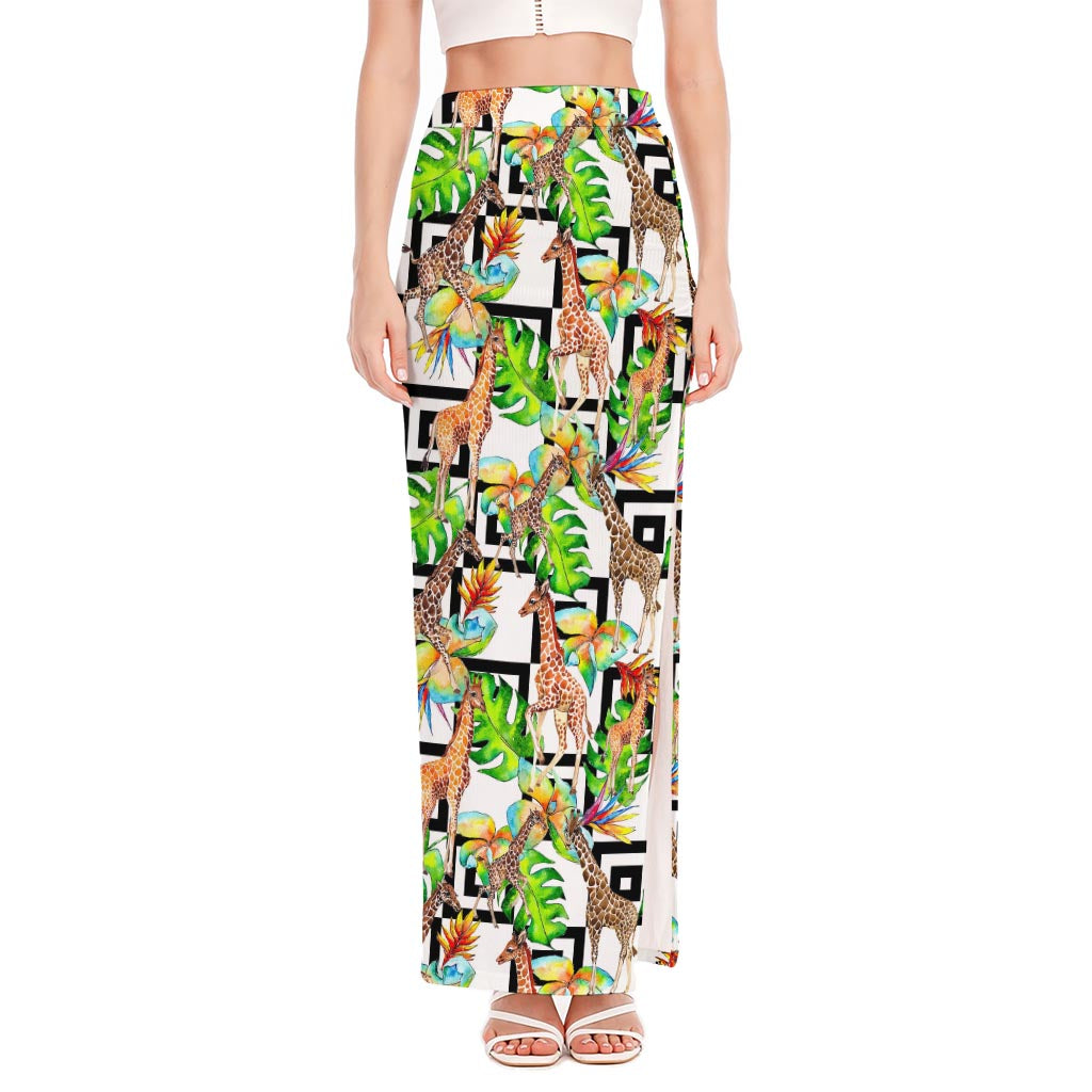 Exotic Tropical Giraffe Pattern Print High Slit Maxi Skirt