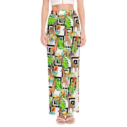 Exotic Tropical Giraffe Pattern Print High Slit Maxi Skirt