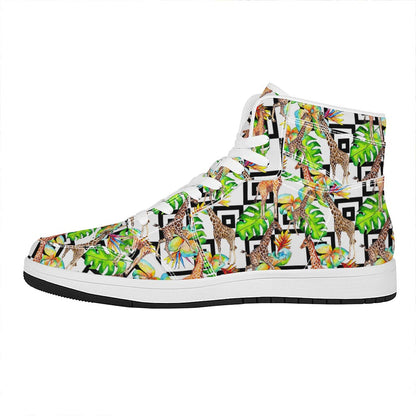 Exotic Tropical Giraffe Pattern Print High Top Leather Sneakers