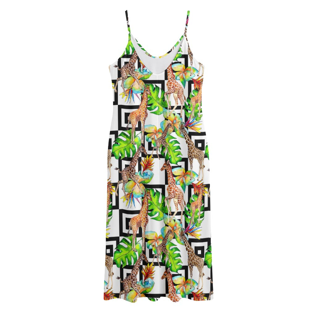 Exotic Tropical Giraffe Pattern Print Jersey Midi Cami Dress