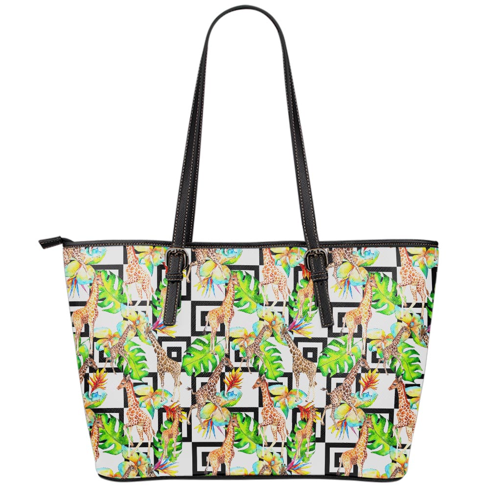 Exotic Tropical Giraffe Pattern Print Leather Tote Bag