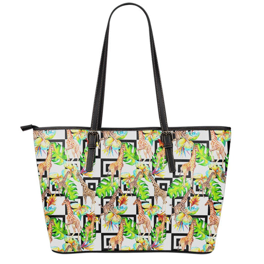 Exotic Tropical Giraffe Pattern Print Leather Tote Bag