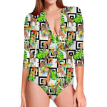 Exotic Tropical Giraffe Pattern Print Long Sleeve Swimsuit