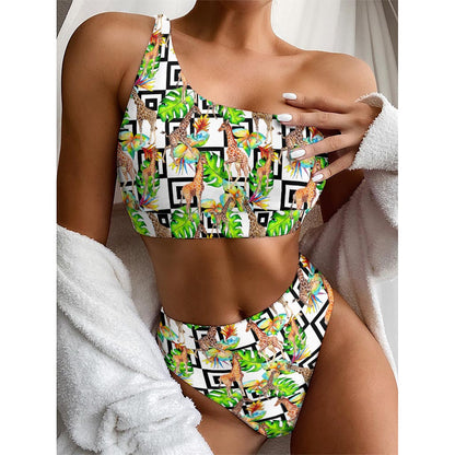 Exotic Tropical Giraffe Pattern Print One Shoulder Bikini Top