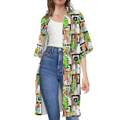 Exotic Tropical Giraffe Pattern Print Open Front Beach Cover Up