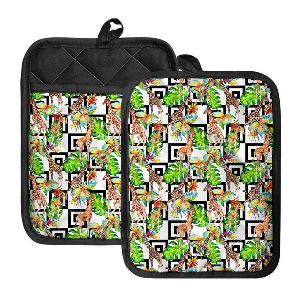 Exotic Tropical Giraffe Pattern Print Pot Holders With Pocket