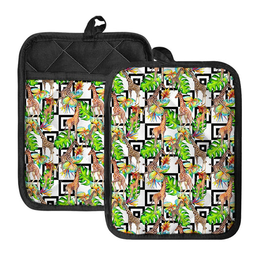 Exotic Tropical Giraffe Pattern Print Pot Holders With Pocket