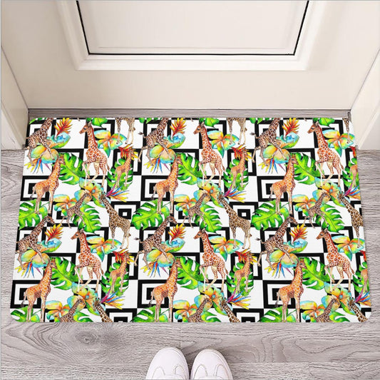 Exotic Tropical Giraffe Pattern Print Rubber Doormat