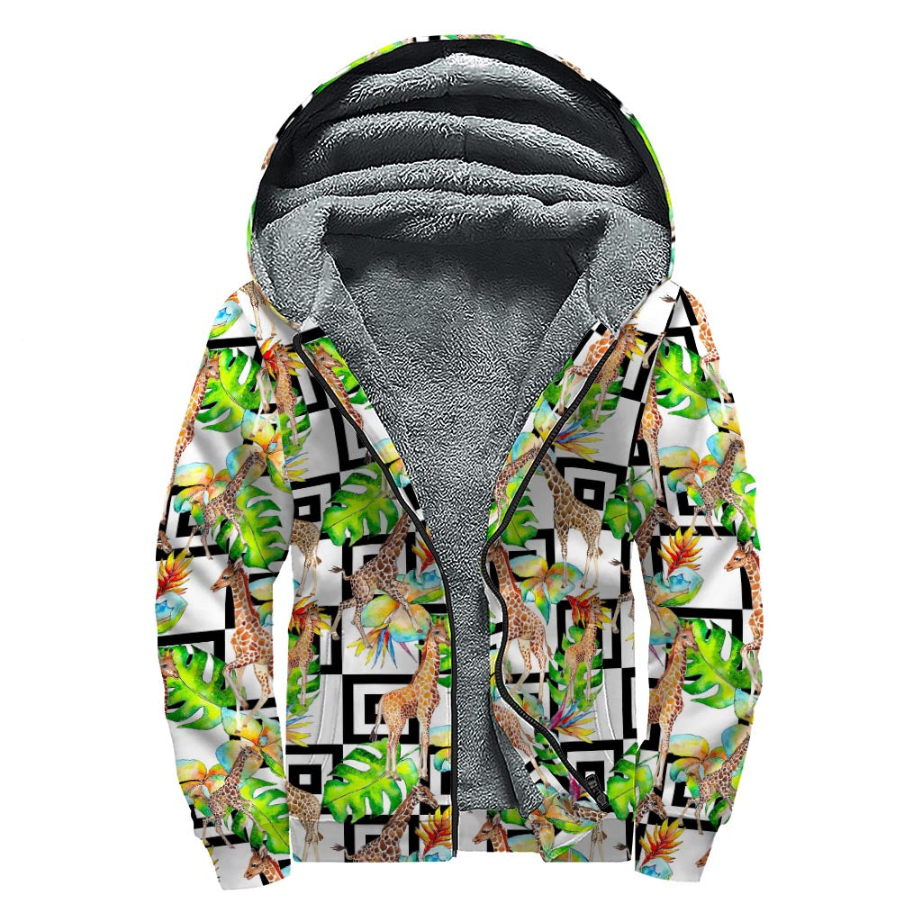 Exotic Tropical Giraffe Pattern Print Sherpa Lined Zip Up Hoodie