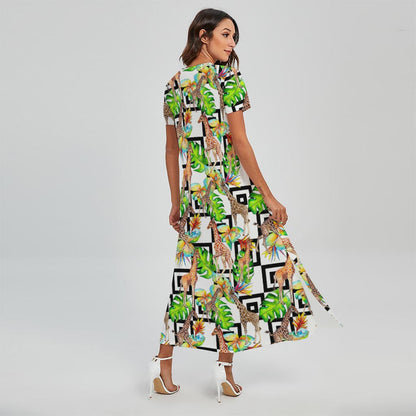 Exotic Tropical Giraffe Pattern Print Short Sleeve Maxi Dress