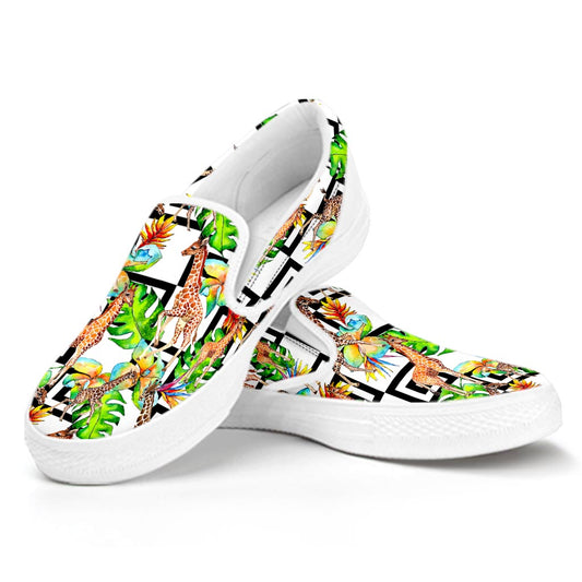 Exotic Tropical Giraffe Pattern Print White Slip On Sneakers