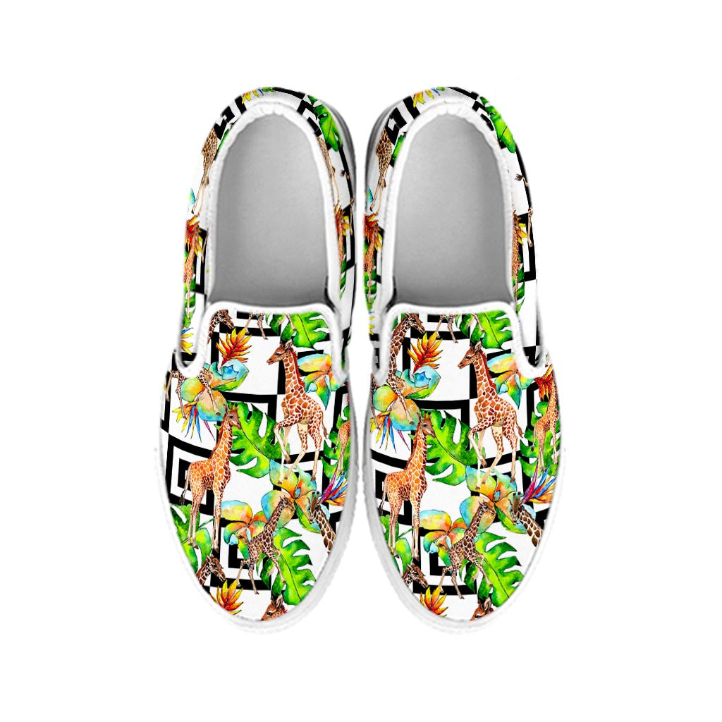 Exotic Tropical Giraffe Pattern Print White Slip On Sneakers