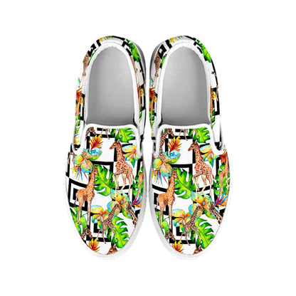 Exotic Tropical Giraffe Pattern Print White Slip On Sneakers