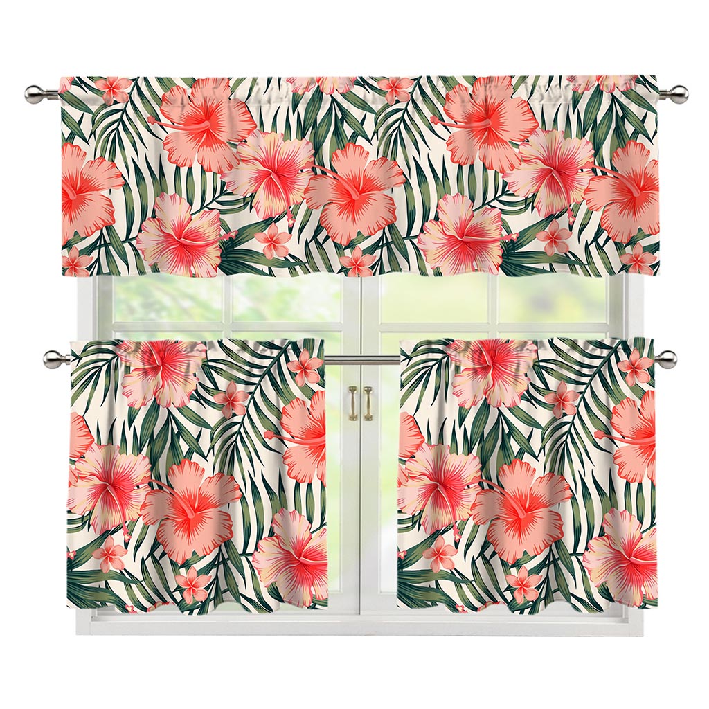 Exotic Tropical Hibiscus Pattern Print 3 Piece Kitchen Curtains