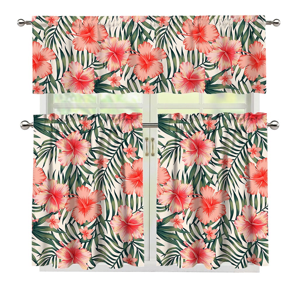 Exotic Tropical Hibiscus Pattern Print 3 Piece Kitchen Curtains