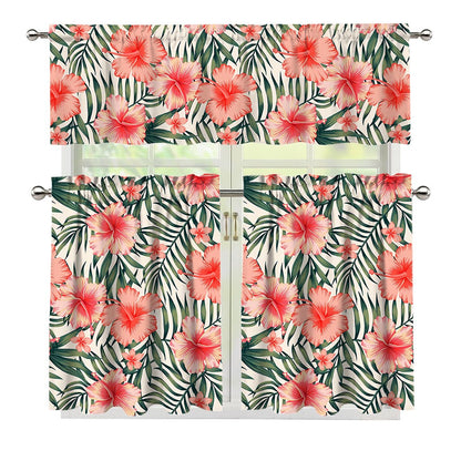 Exotic Tropical Hibiscus Pattern Print 3 Piece Kitchen Curtains