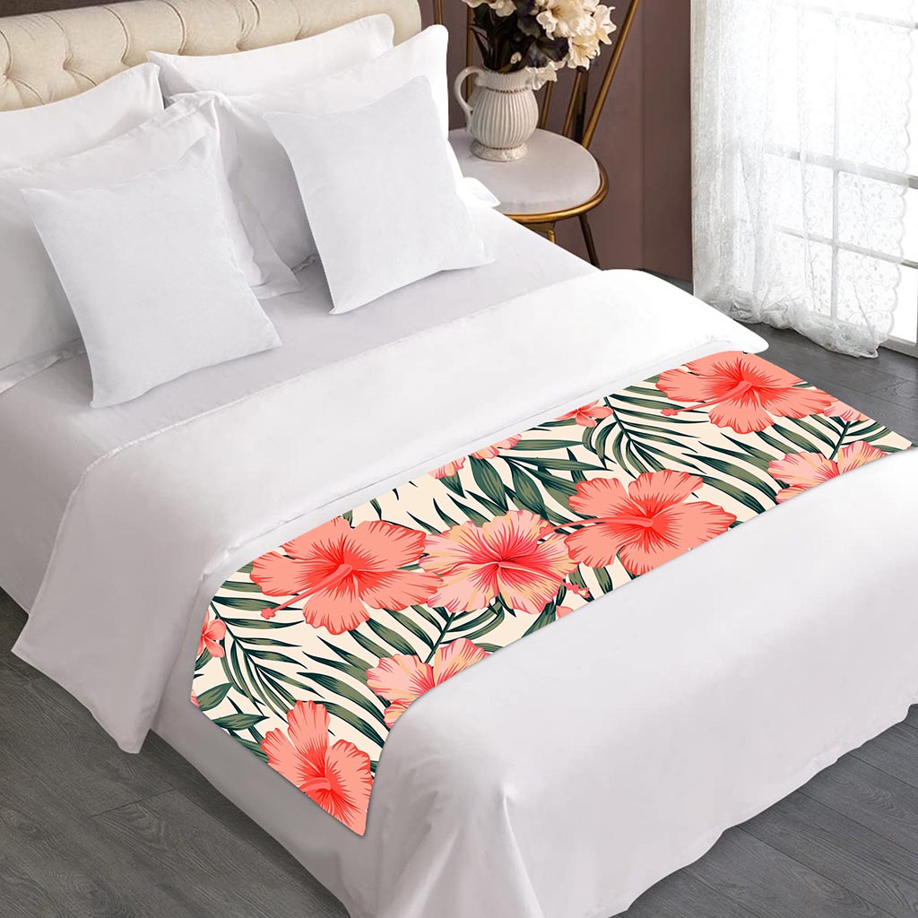 Exotic Tropical Hibiscus Pattern Print Bed Runner