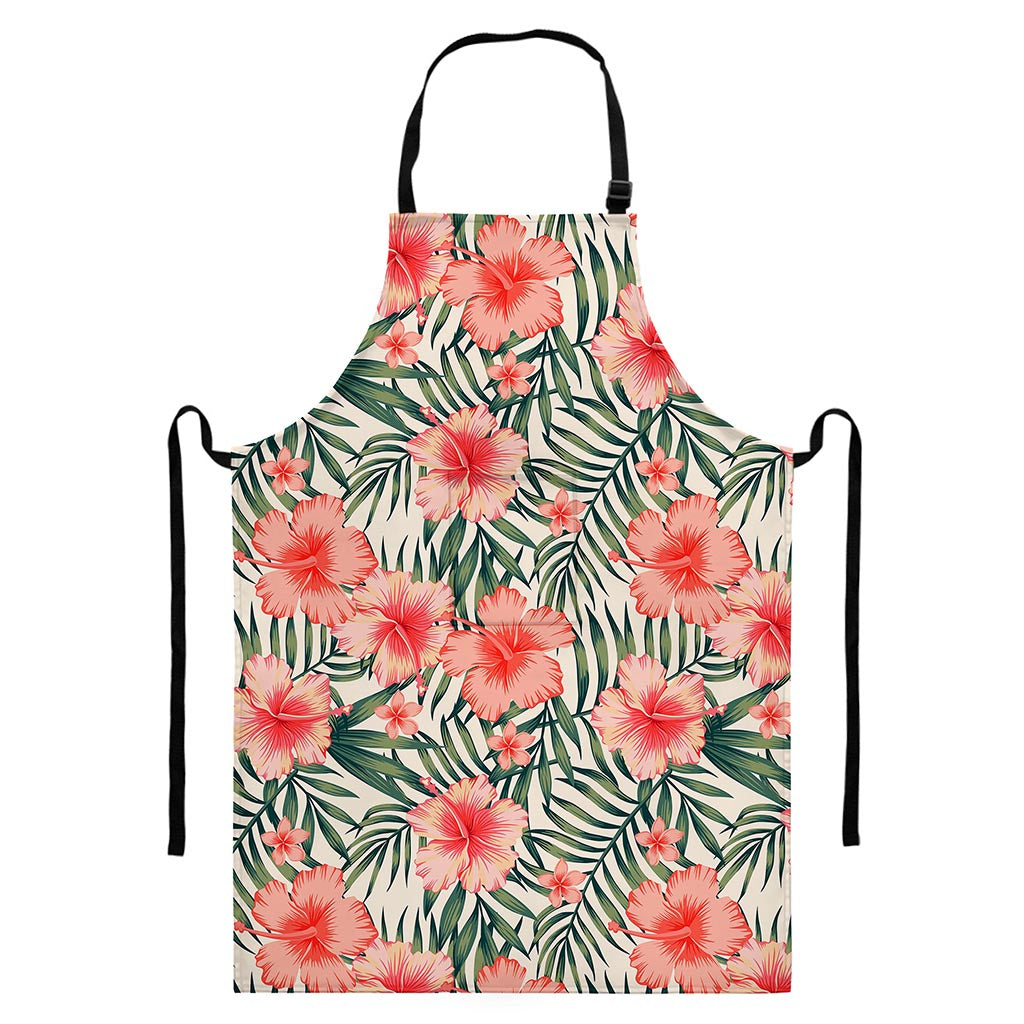 Exotic Tropical Hibiscus Pattern Print Bib Apron With Pocket
