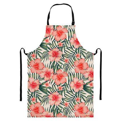 Exotic Tropical Hibiscus Pattern Print Bib Apron With Pocket