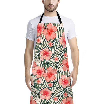 Exotic Tropical Hibiscus Pattern Print Bib Apron With Pocket