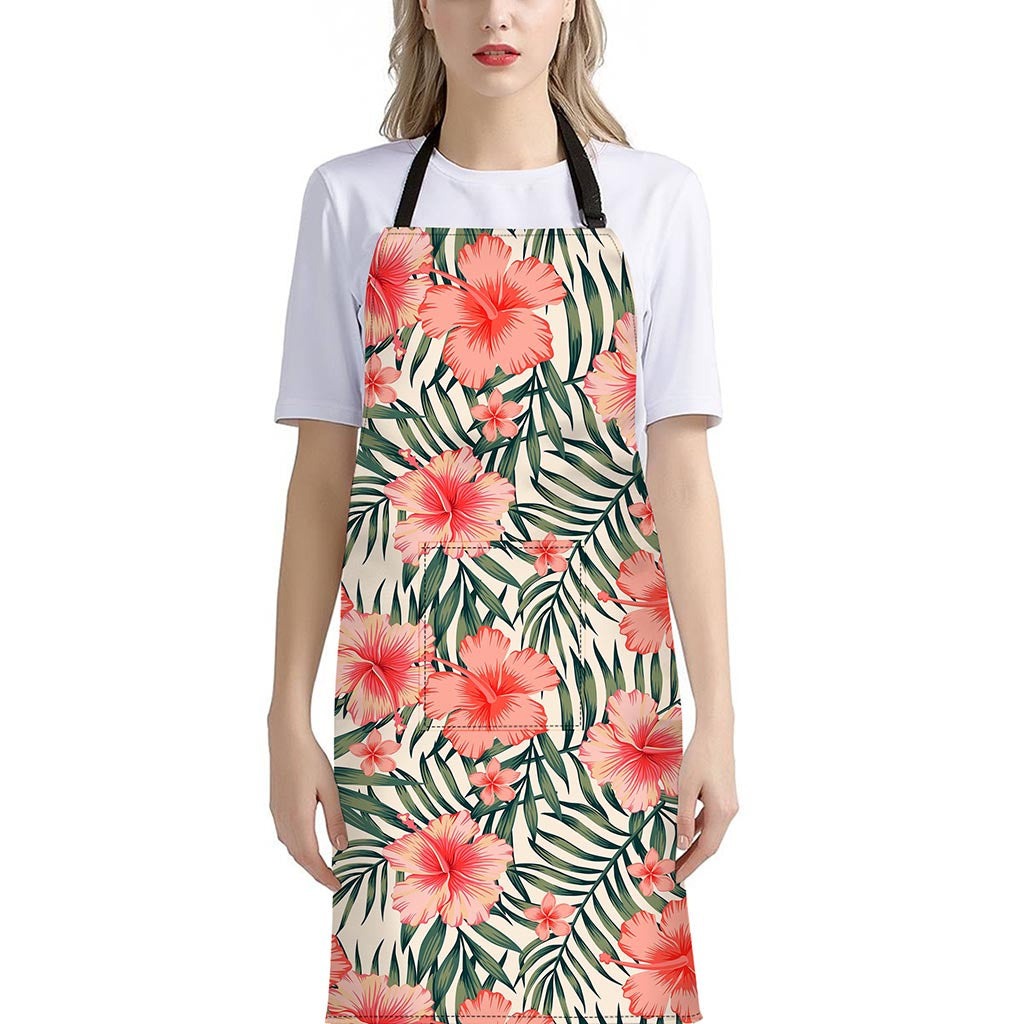 Exotic Tropical Hibiscus Pattern Print Bib Apron With Pocket